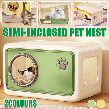 Semi Enclosed Cat House 46.5x30.5x30cm Plastic Round Porthole Yellow Green
