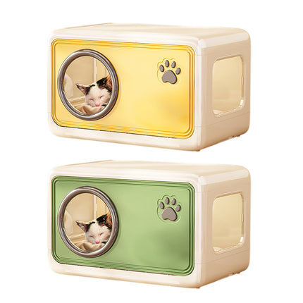 Semi Enclosed Cat House 46.5x30.5x30cm Plastic Round Porthole Yellow Green