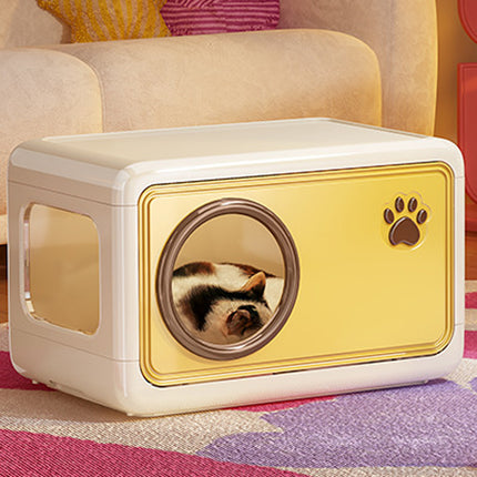 Semi Enclosed Cat House 46.5x30.5x30cm Plastic Round Porthole Yellow Green