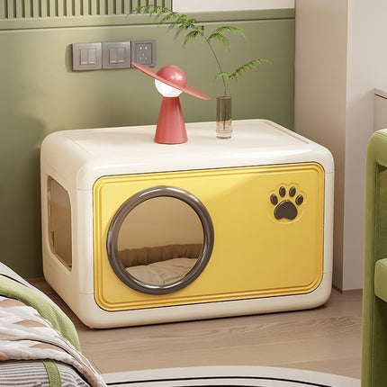 Semi Enclosed Cat House 46.5x30.5x30cm Plastic Round Porthole Yellow Green
