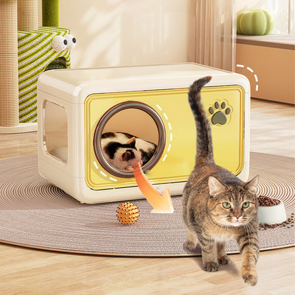 Semi Enclosed Cat House 46.5x30.5x30cm Plastic Round Porthole Yellow Green