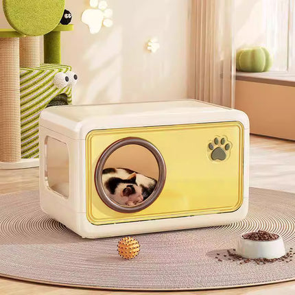 Semi Enclosed Cat House 46.5x30.5x30cm Plastic Round Porthole Yellow Green