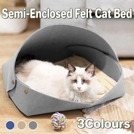 Semi-Enclosed Felt Cat Bed Foldable Removable Cozy Sleeping House for Cats