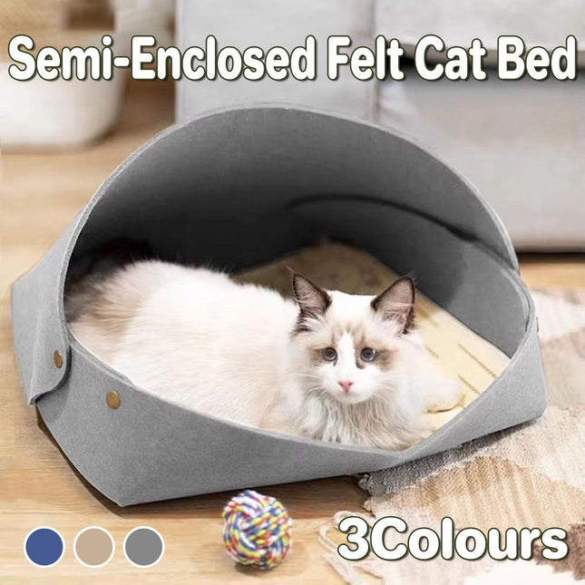 Semi-Enclosed Felt Cat Bed Foldable Removable Cozy Sleeping House for Cats