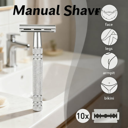Double Edge Safety Razor Aluminium Zinc Silver 10 Blades 4.3 x 10.8cm
