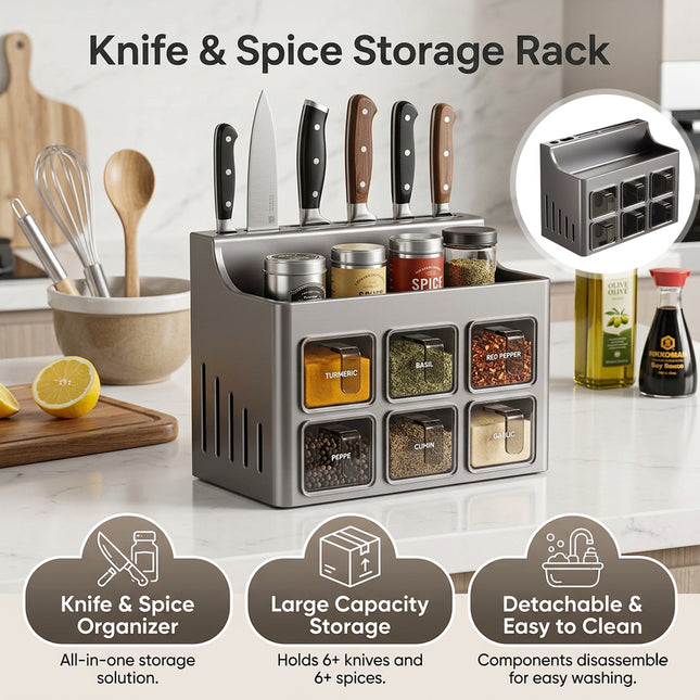 Multifunctional Kitchen Spice Rack Organiser Knife Holder Countertop Wall Mount