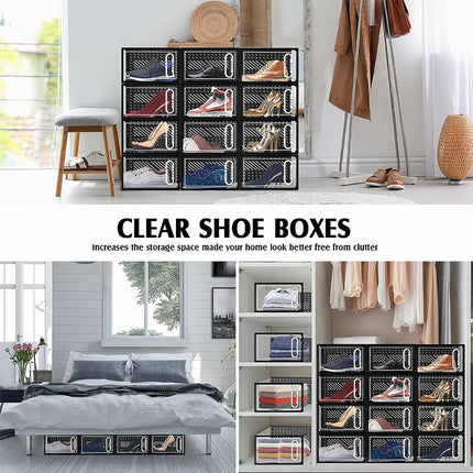 12 Clear Shoe Storage Boxes Stackable Dustproof with Secure Suction Door