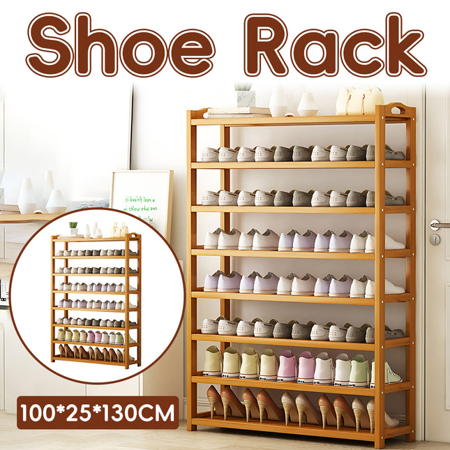 Bamboo Shoe Rack 8 Tiers Shelf with Curved Handle Large Capacity Durable Non Slip