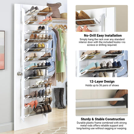 12-Tier Hanging Shoe Rack Over Door Wall Mounted Organiser Dorm Closet Storage