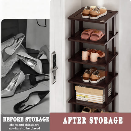 6 Tier Bamboo Shoe Rack Compact Sturdy Space Saving For Entryway Hallway Use