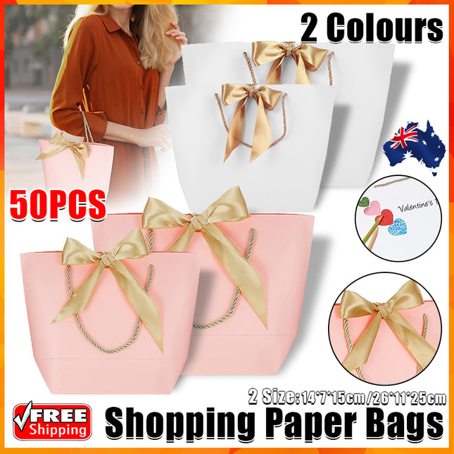50PCS Goodie Tote Bow Tie Shopping Paper Sacks Resuable Clothing Bag 19X9X20cm