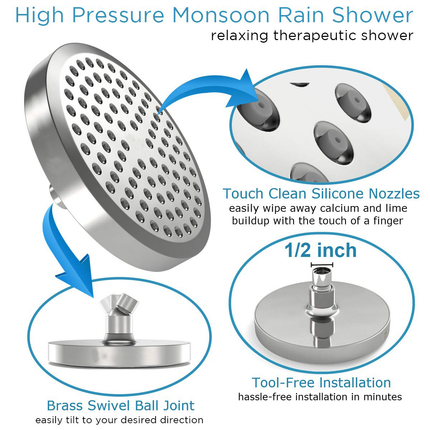 6 Inch High Pressure Shower Head Full Plating Top Mount Extension Arm Bathroom
