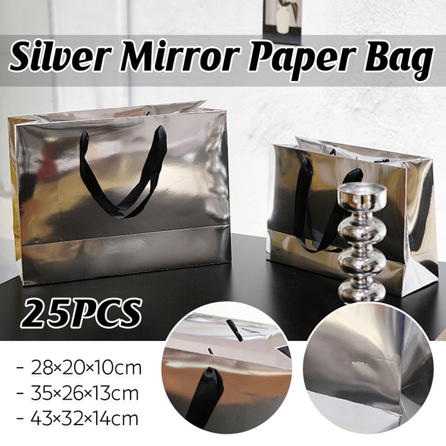 25PCS Silver Mirror Paper Bags Gift Bags with Handles for Birthday Party Favor