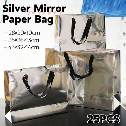 25PCS Silver Mirror Paper Bags Gift Bags with Handles for Birthday Party Favor