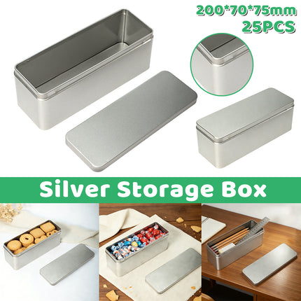 25 Pack Rectangular Metal Storage Tin Boxes with Lids Silver Gift and Craft Packaging