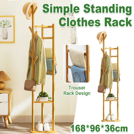 Simple Bamboo Standing Clothes Rack with 6Hooks Freestanding Garment Organizer