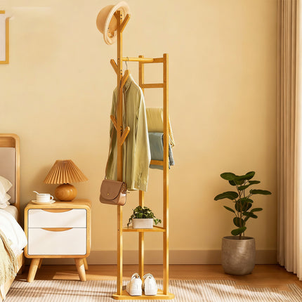 Simple Bamboo Standing Clothes Rack with 6Hooks Freestanding Garment Organizer