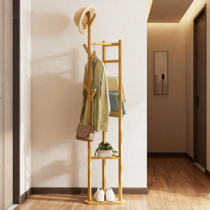 Simple Bamboo Standing Clothes Rack with 6Hooks Freestanding Garment Organizer