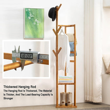 Simple Bamboo Standing Clothes Rack with 6Hooks Freestanding Garment Organizer