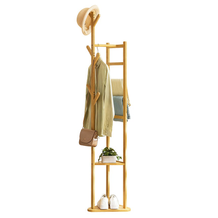 Simple Bamboo Standing Clothes Rack with 6Hooks Freestanding Garment Organizer