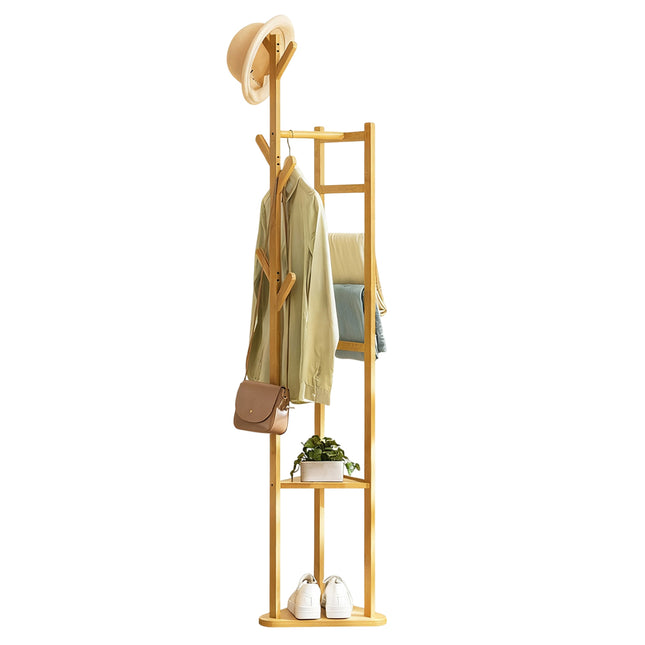 Simple Bamboo Standing Clothes Rack with 6Hooks Freestanding Garment Organizer