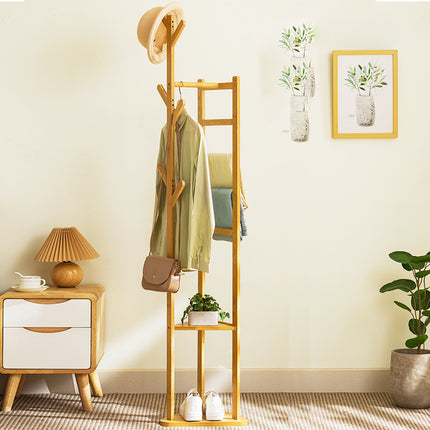 Simple Bamboo Standing Clothes Rack with 6Hooks Freestanding Garment Organizer