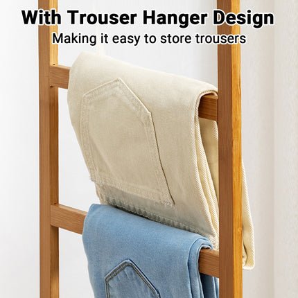 Simple Bamboo Standing Clothes Rack with 6Hooks Freestanding Garment Organizer