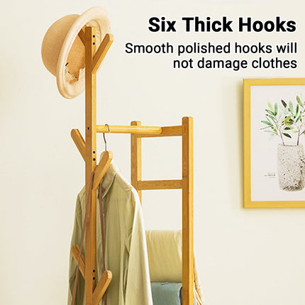 Simple Bamboo Standing Clothes Rack with 6Hooks Freestanding Garment Organizer