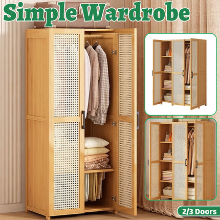Minimalist Wardrobe with Doors Bamboo Durable for Bedroom Clothes Storage Use