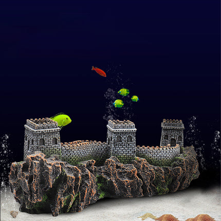 Aquarium Great Wall ornament displayed in fish tank with yellow tropical fish - seascape decoration