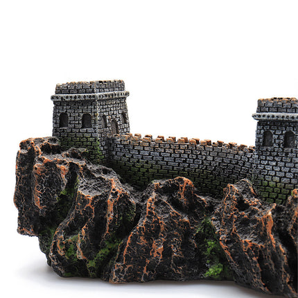 Great Wall aquarium decoration resin ornament - side view showing detailed stone wall and rock base