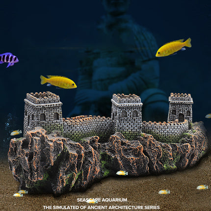 Great Wall resin ornament in seascape aquarium with tropical fish - ancient architecture series fish tank decor