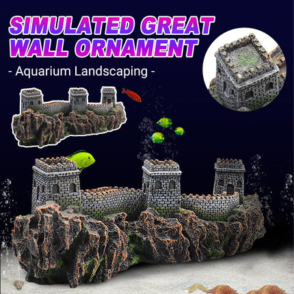 Great Wall aquarium ornament resin fish tank decoration with three stone towers - front view