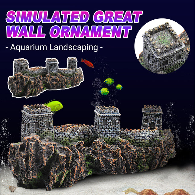 Great Wall aquarium ornament resin fish tank decoration with three stone towers - front view