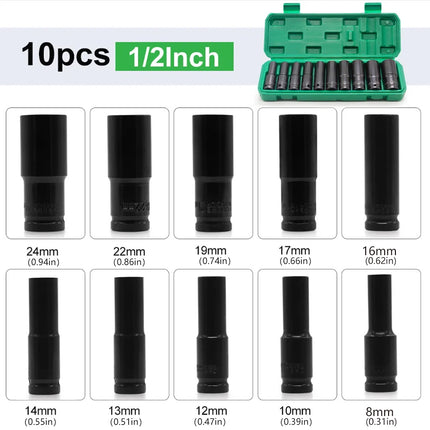 10pcs 8-24mm Impact Socket Set Metric Imperial Drive Air Garage Deep