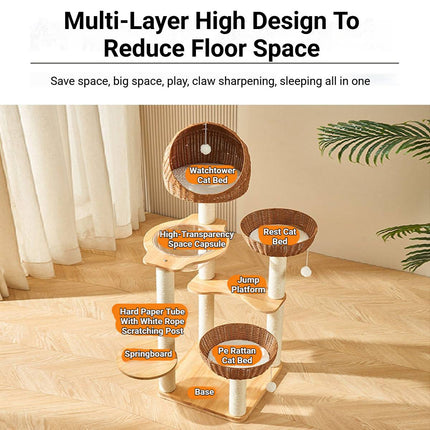 5-Tier Wooden Cat Tree Tower 127cm with Dome Bed Space Capsule and Sisal Posts