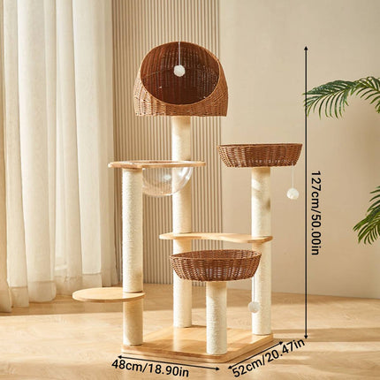 5-Tier Wooden Cat Tree Tower 127cm with Dome Bed Space Capsule and Sisal Posts