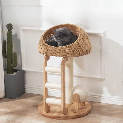 Solid Wood Integrated Cat Climbing Frame Bed Tree with Scratch Post for Cats