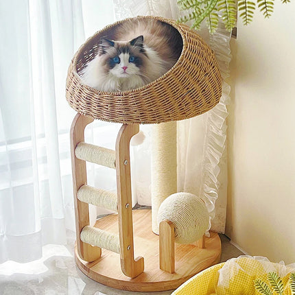 Solid Wood Integrated Cat Climbing Frame Bed Tree with Scratch Post for Cats