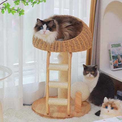 Solid Wood Integrated Cat Climbing Frame Bed Tree with Scratch Post for Cats