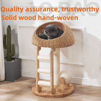 Solid Wood Integrated Cat Climbing Frame Bed Tree with Scratch Post for Cats