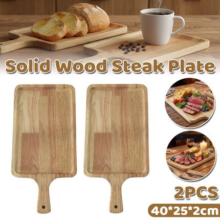 2PCS Solid Wood Steak Plate with Handle Easy to Clean Serving Tray Home Party