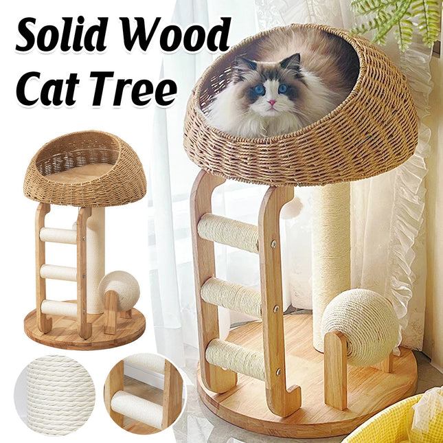 Solid Wood Integrated Cat Climbing Frame Bed Tree with Scratch Post for Cats