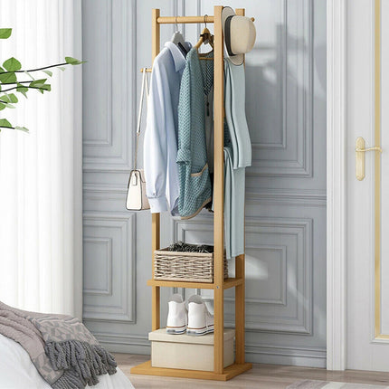Wooden Rack Freestanding Clothes Hanger Storage Stand Multifunctional Organizer