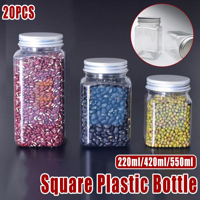 20pcs Square Transparent Plastic Bottle with Aluminum Cap Sealed Jar for Food