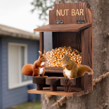 Wooden Squirrel Feeder with Clear Window and Chairs