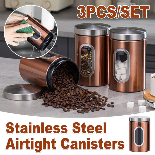 3PCS Stainless Steel Storage Jars With Clear Window Sealed For Kitchen Dry Food
