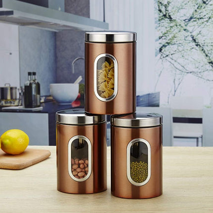 3PCS Stainless Steel Storage Jars With Clear Window Sealed For Kitchen Dry Food