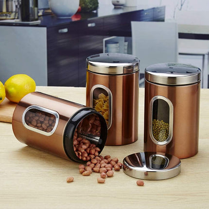 3PCS Stainless Steel Storage Jars With Clear Window Sealed For Kitchen Dry Food