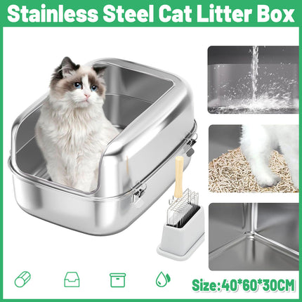 Cat Litter Box Open Design Stainless Steel Large Easy Clean Pet Toilet Tray